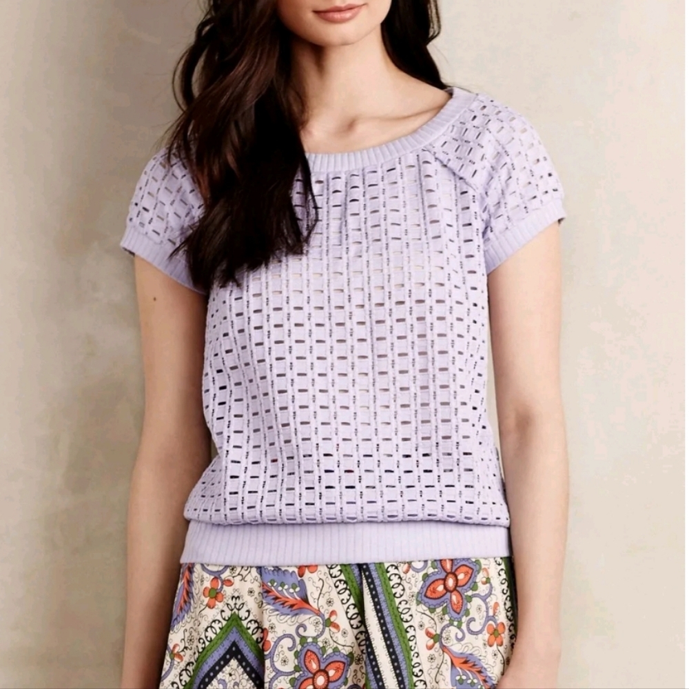 Anthropologie Lavender Short-Sleeve Open-Knit Sweater Top